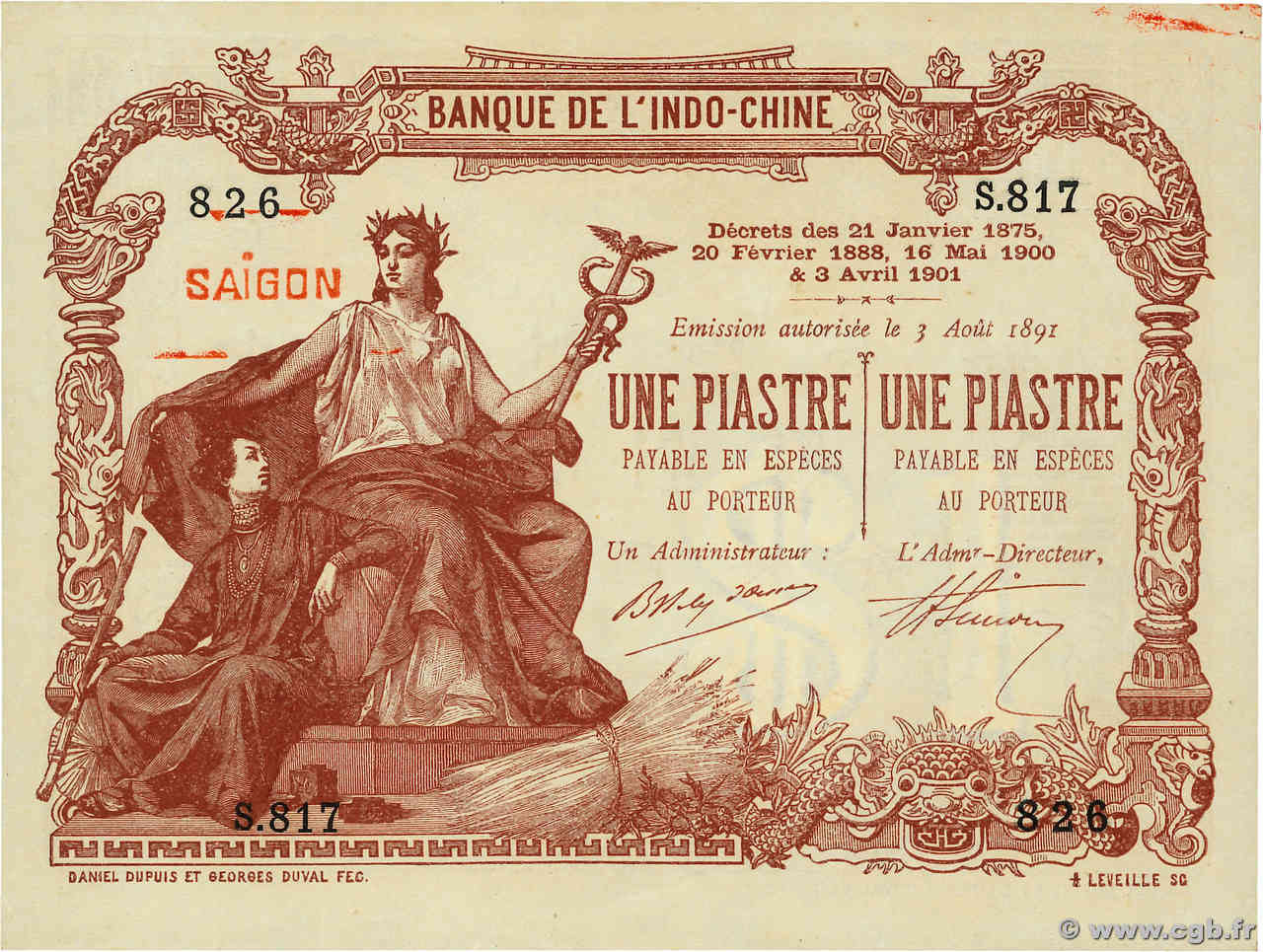 1 Piastre - 1 Piastre INDOCHINA  1909 P.034b SC+