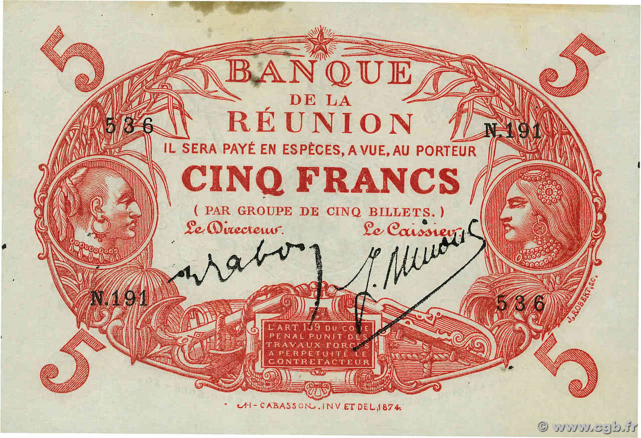 5 Francs Cabasson rouge REUNION INSEL  1938 P.14 fST