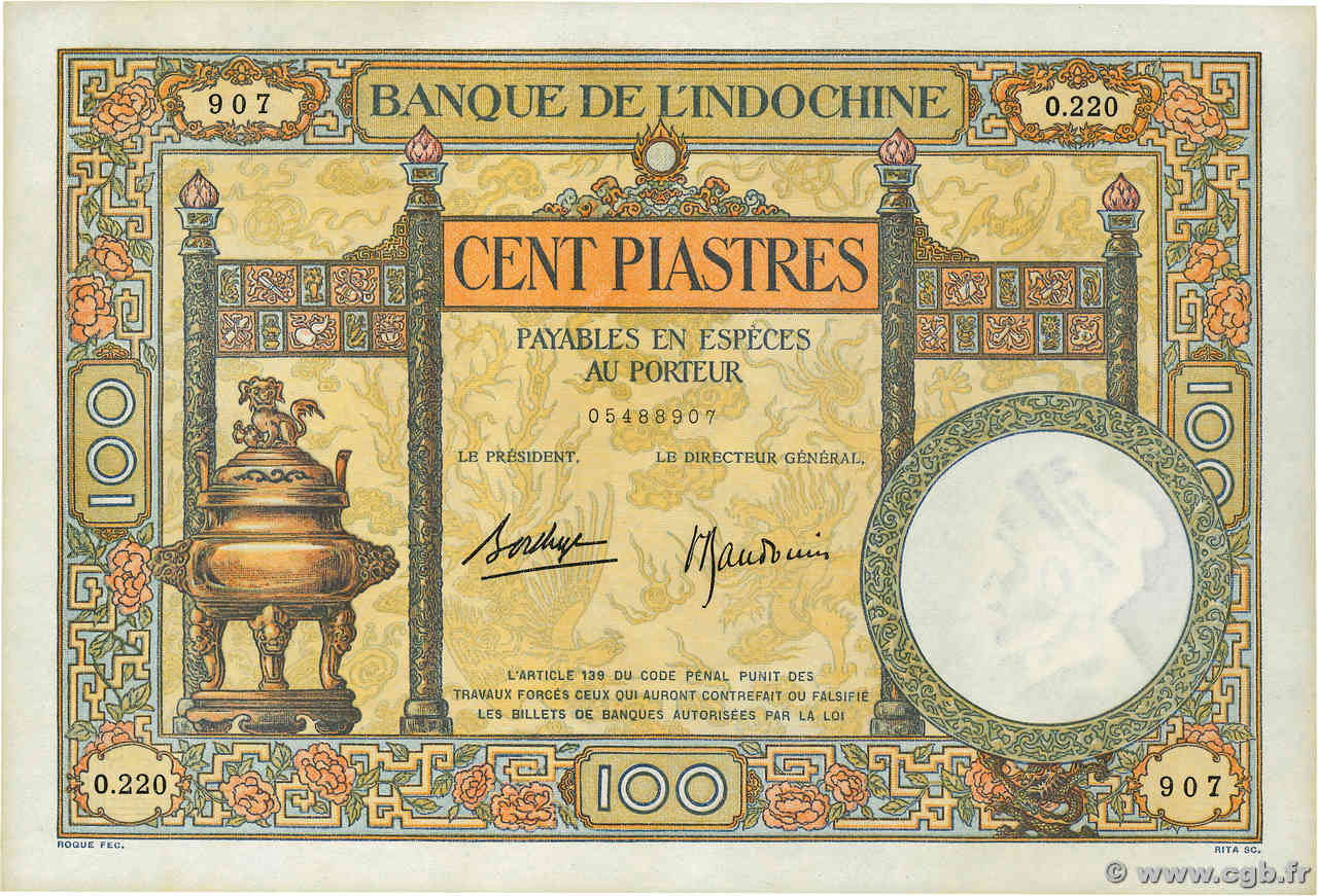 100 Piastres INDOCHINE FRANÇAISE  1936 P.051d SPL