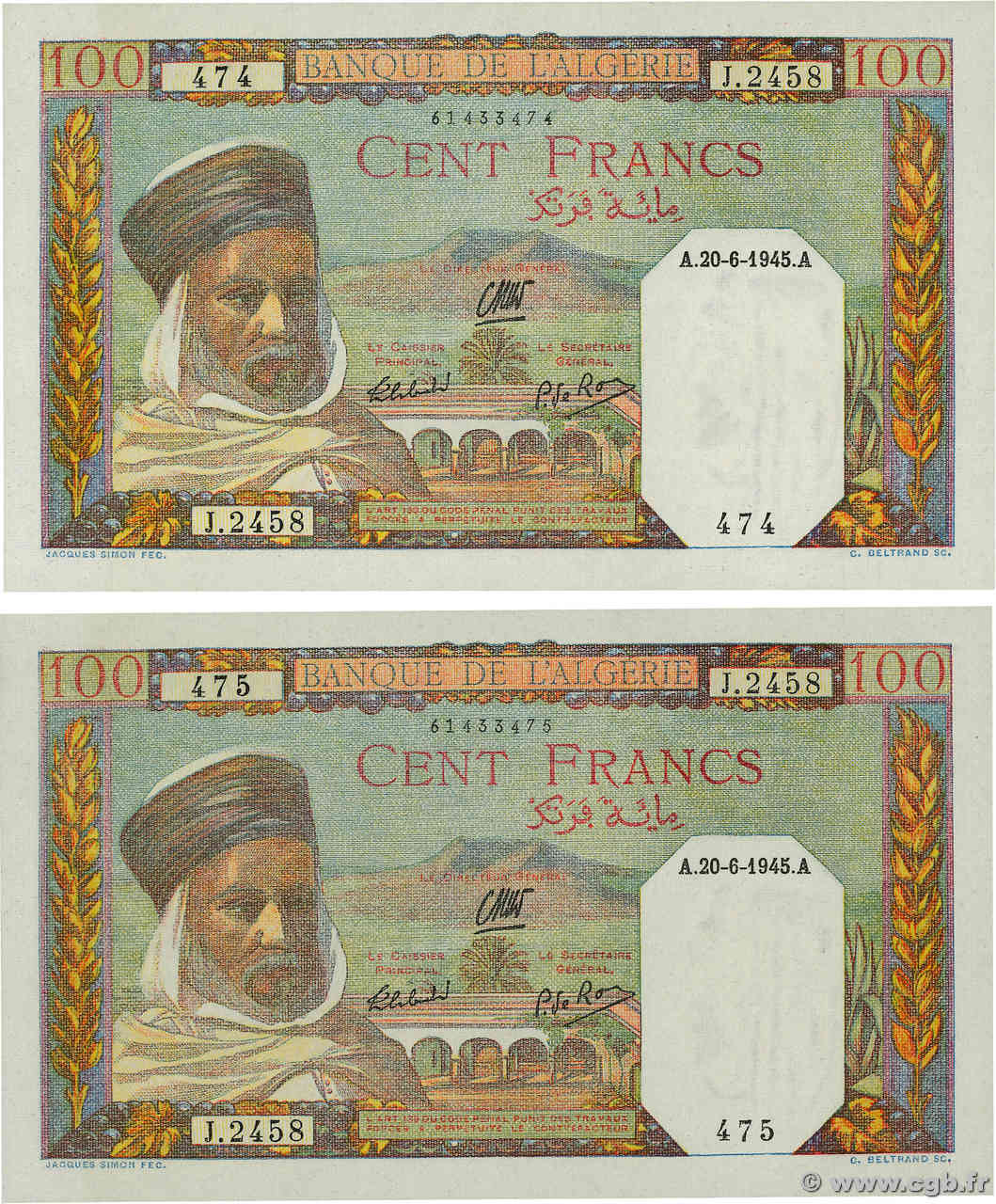 100 Francs Consécutifs ALGERIA  1945 P.085 AU+