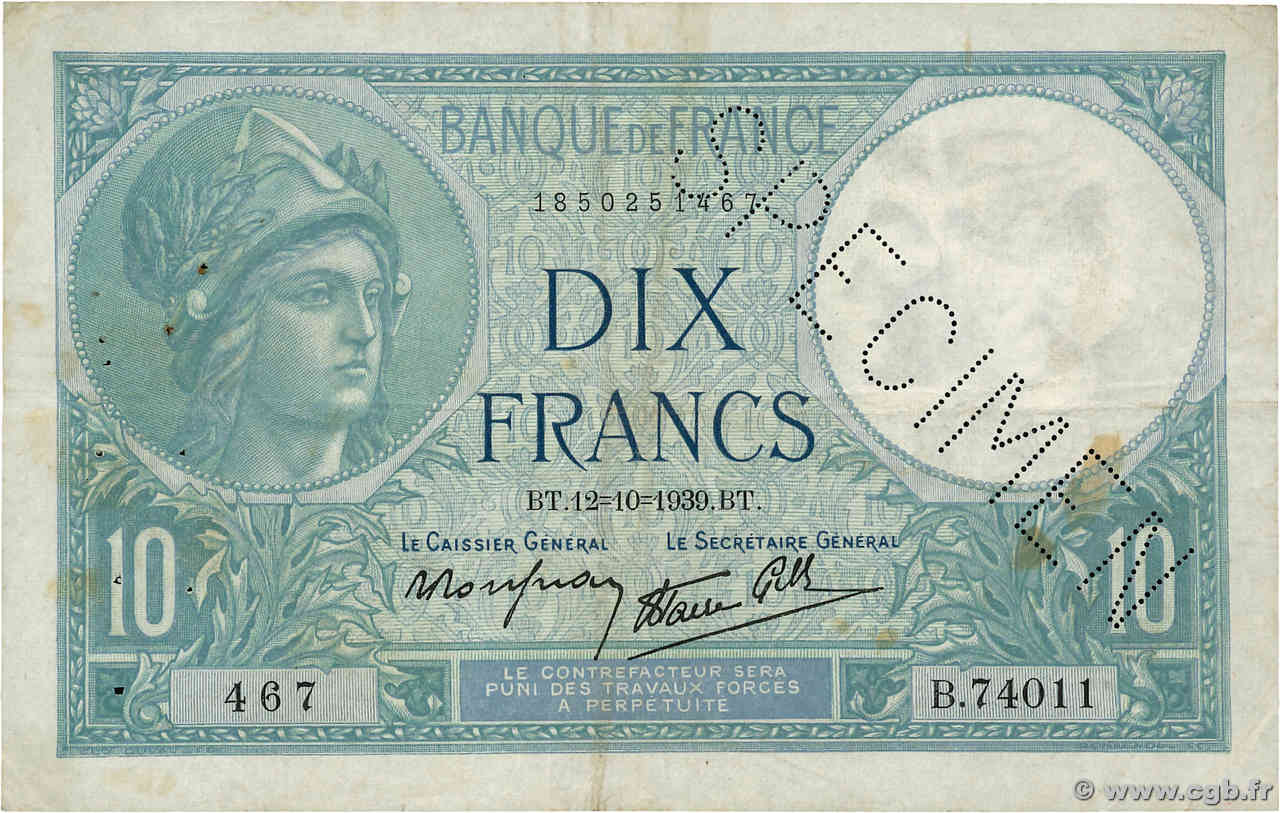 10 Francs MINERVE modifié Spécimen FRANKREICH  1939 F.07.11Scp SS