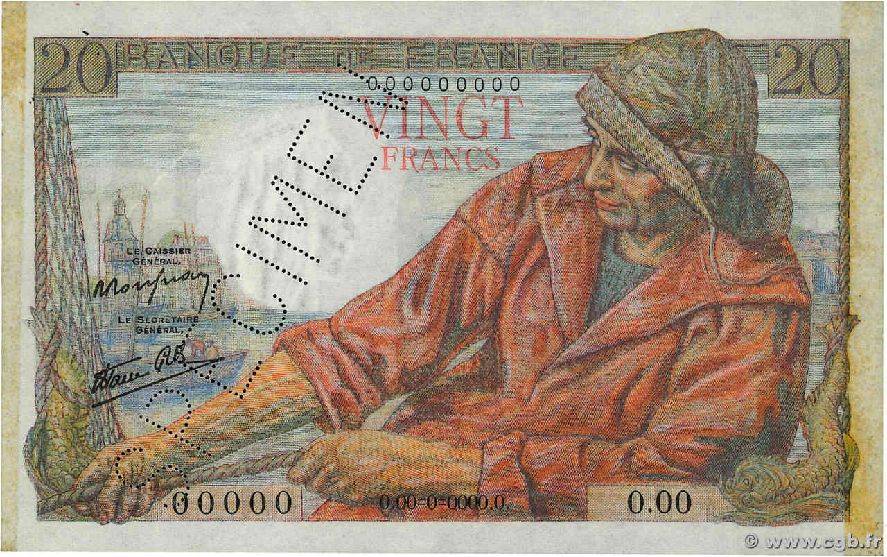 20 Francs PÊCHEUR Spécimen FRANCIA  1942 F.13.01Sp SPL