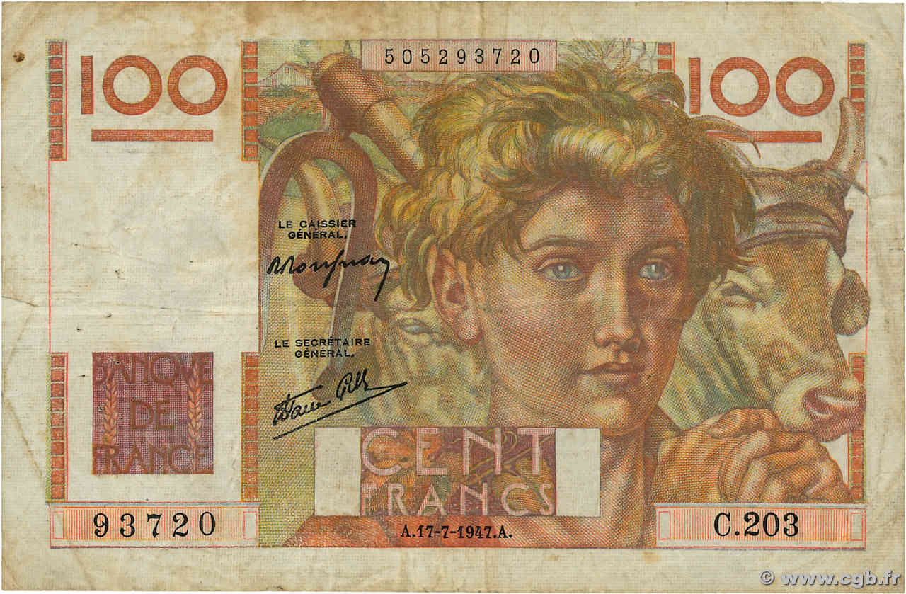 100 Francs JEUNE PAYSAN Favre-Gilly FRANKREICH  1947 F.28ter.01 S