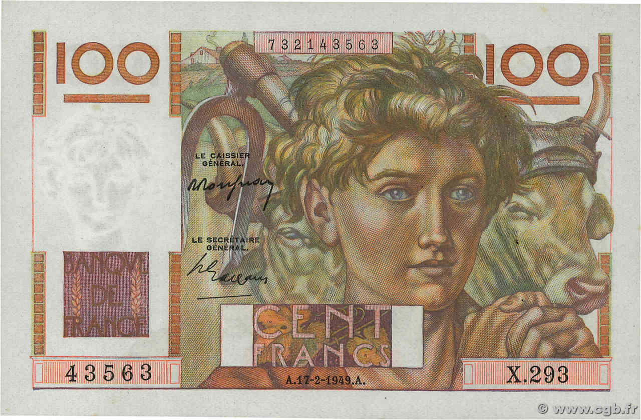 100 Francs JEUNE PAYSAN FRANCE  1949 F.28.21 SPL