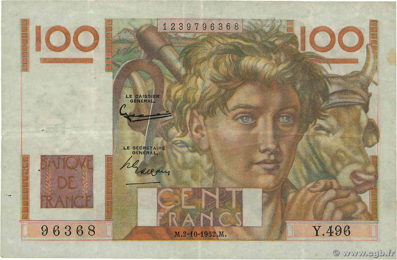 100 Francs JEUNE PAYSAN filigrane inversé FRANKREICH  1952 F.28bis.01 fSS