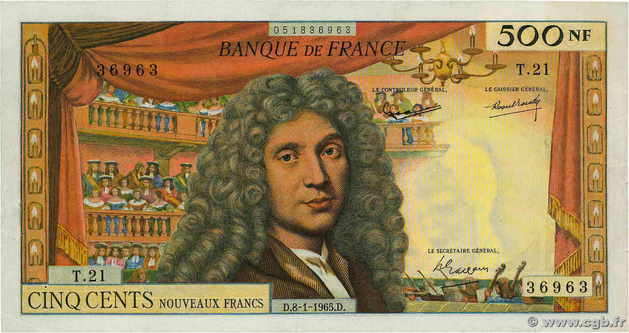 500 Nouveaux Francs MOLIÈRE FRANCE  1965 F.60.08 VF+