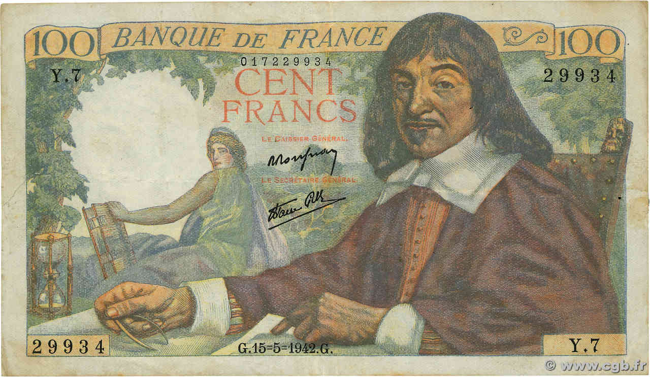 100 Francs DESCARTES FRANKREICH  1942 F.27.01 fSS