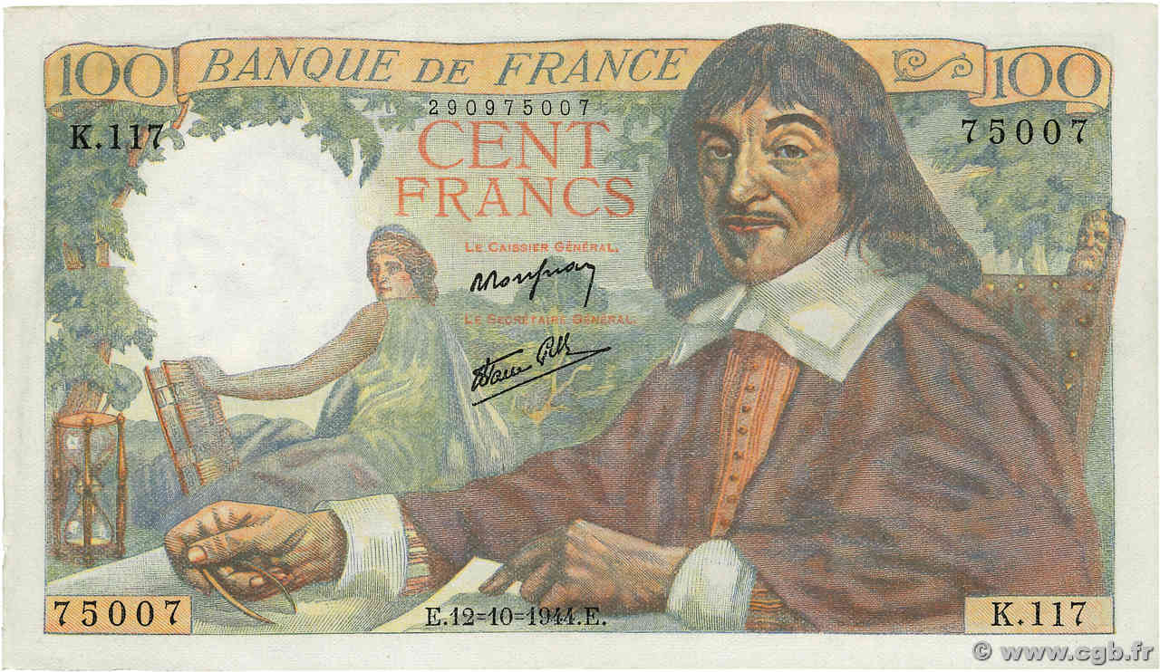 100 Francs DESCARTES FRANCIA  1944 F.27.08 SC