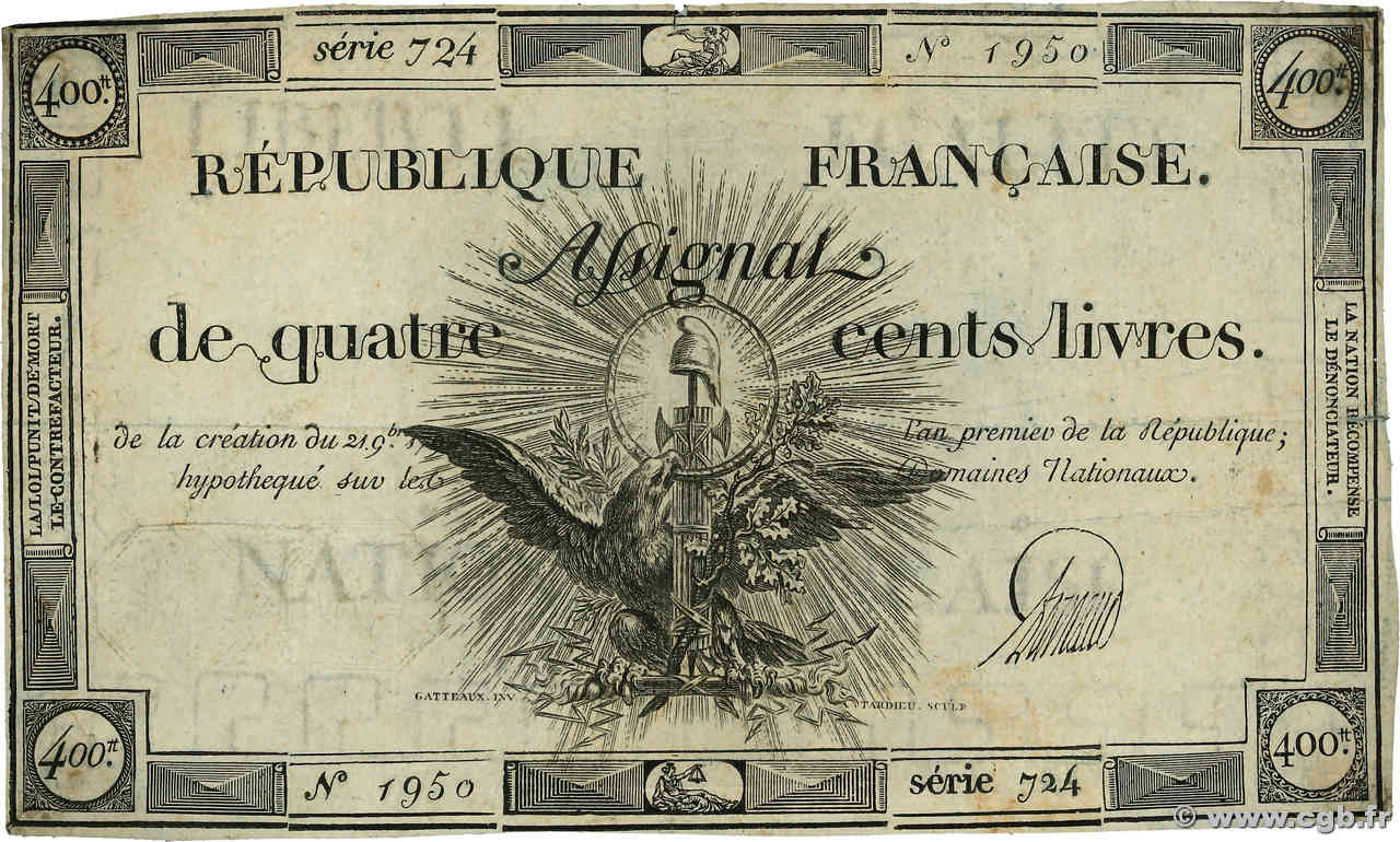 400 Livres FRANCE  1792 Ass.38A F
