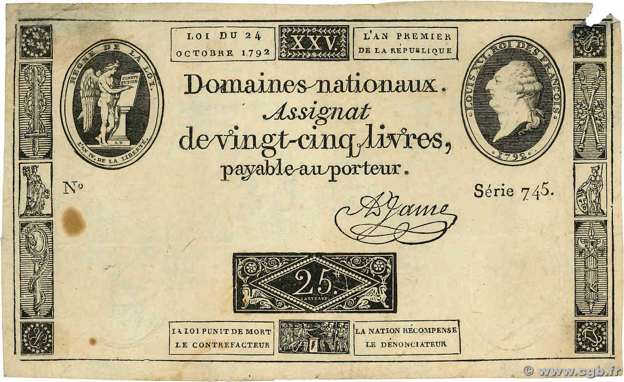 25 Livres FRANCE  1792 Ass.37a F+
