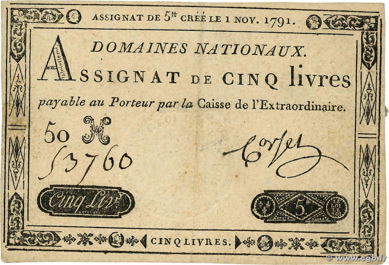 5 Livres FRANCE  1791 Ass.20a VF+