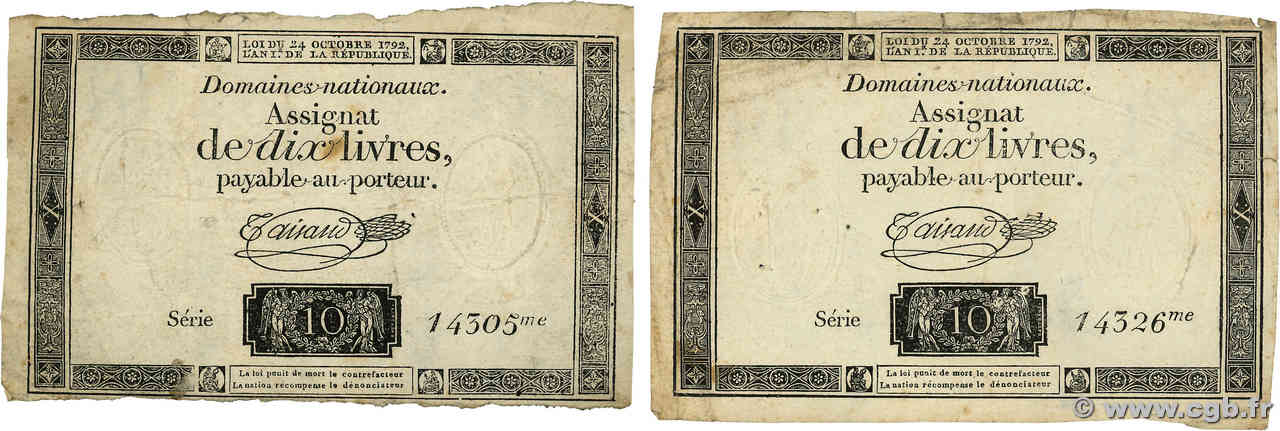 10 Livres filigrane républicain Lot FRANCE 1792 Ass.36c 508680 Banknotes
