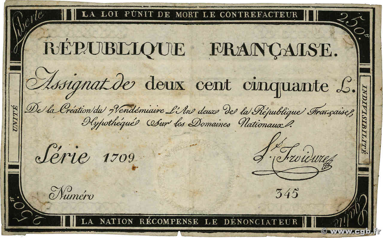 250 Livres FRANCE  1793 Ass.45a VG