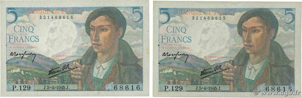 5 Francs BERGER Consécutifs FRANCE  1945 F.05.06 AU