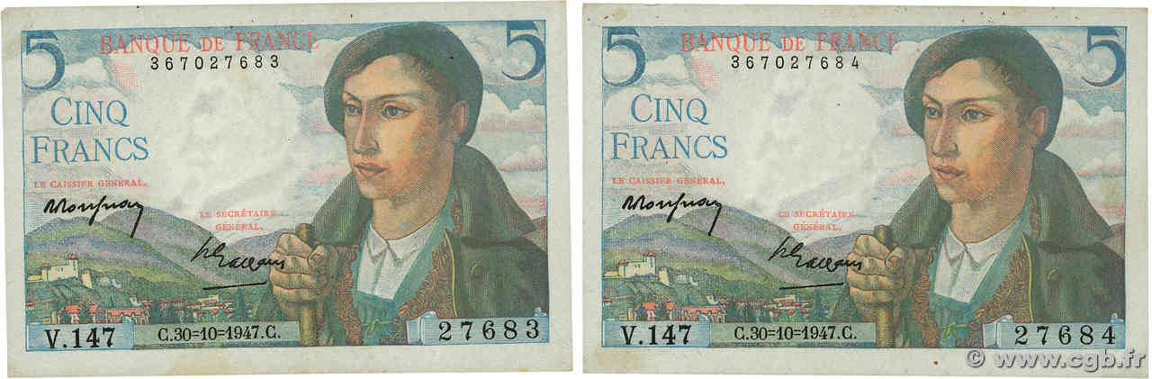5 Francs BERGER Consécutifs FRANCE  1947 F.05.07 XF
