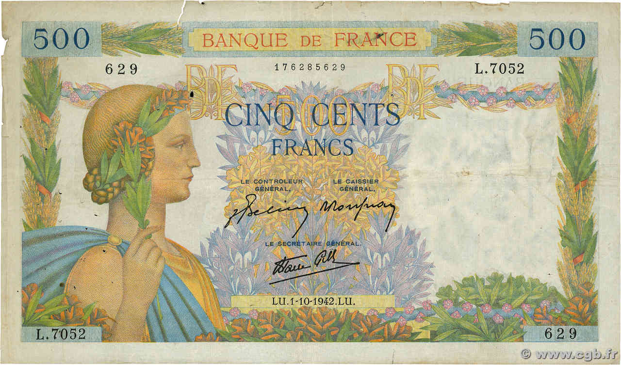 500 Francs LA PAIX FRANCE  1942 F.32.41 F
