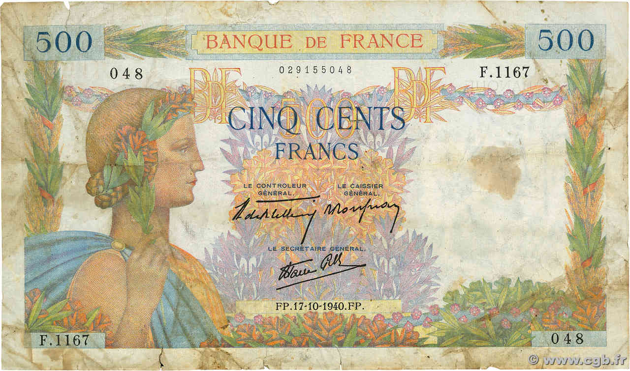 500 Francs LA PAIX FRANCE  1940 F.32.07 F-