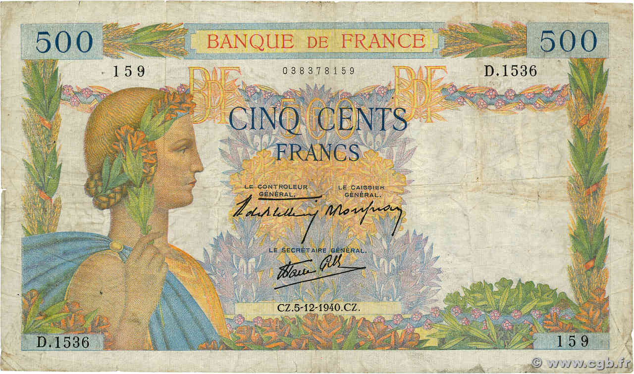 500 Francs LA PAIX FRANCE  1940 F.32.10 VG