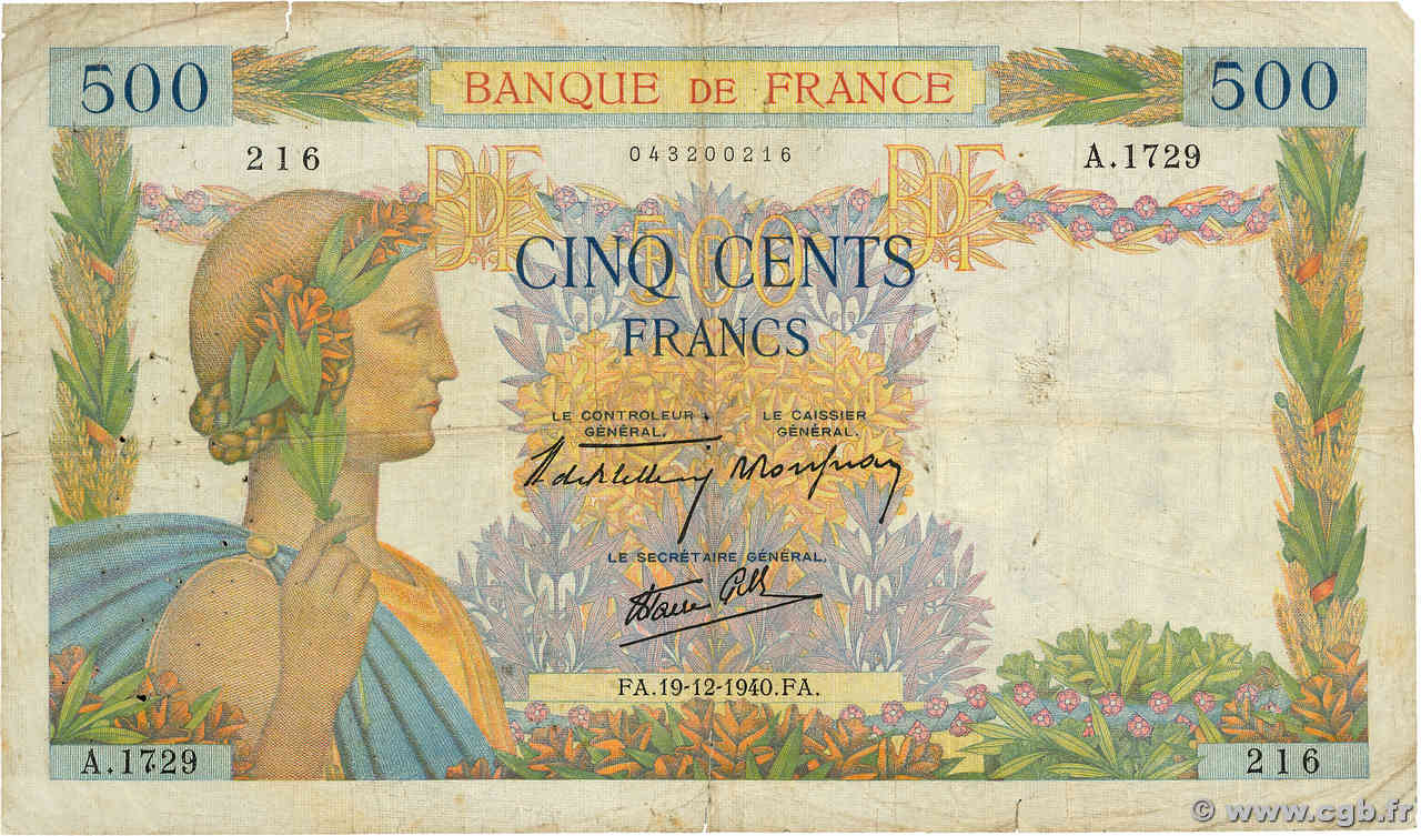 500 Francs LA PAIX FRANCE  1940 F.32.11 VG