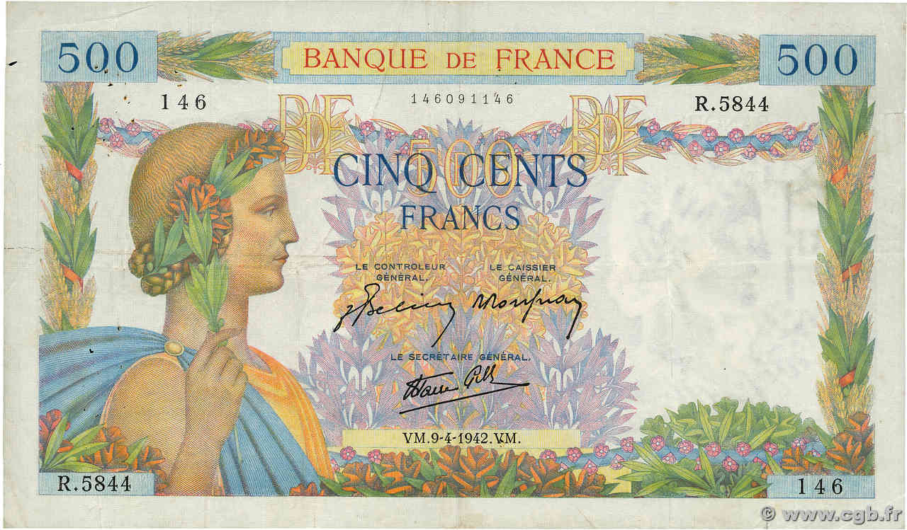 500 Francs LA PAIX FRANCE  1942 F.32.34 F+