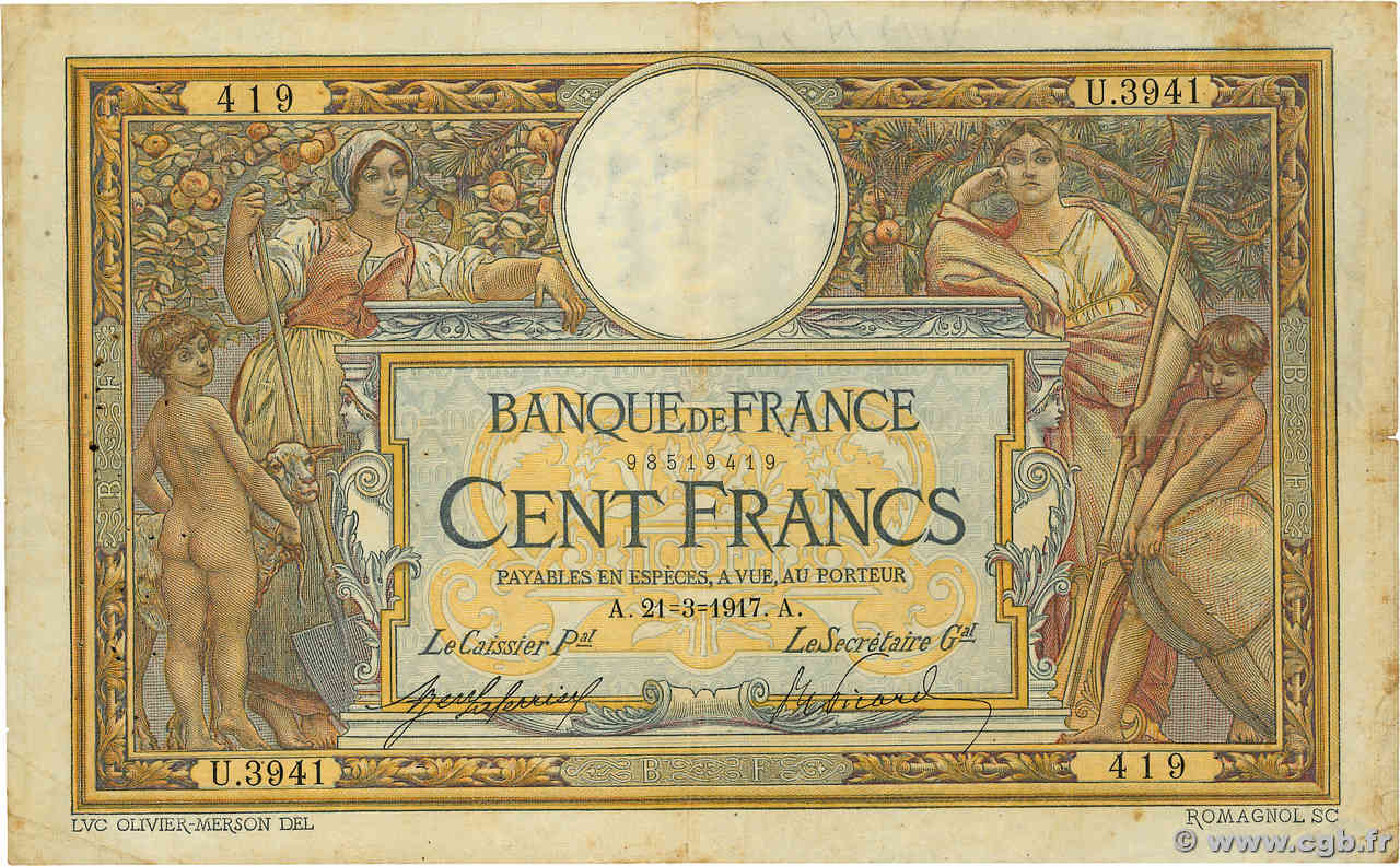 100 Francs LUC OLIVIER MERSON sans LOM FRANCE  1917 F.23.09 F-