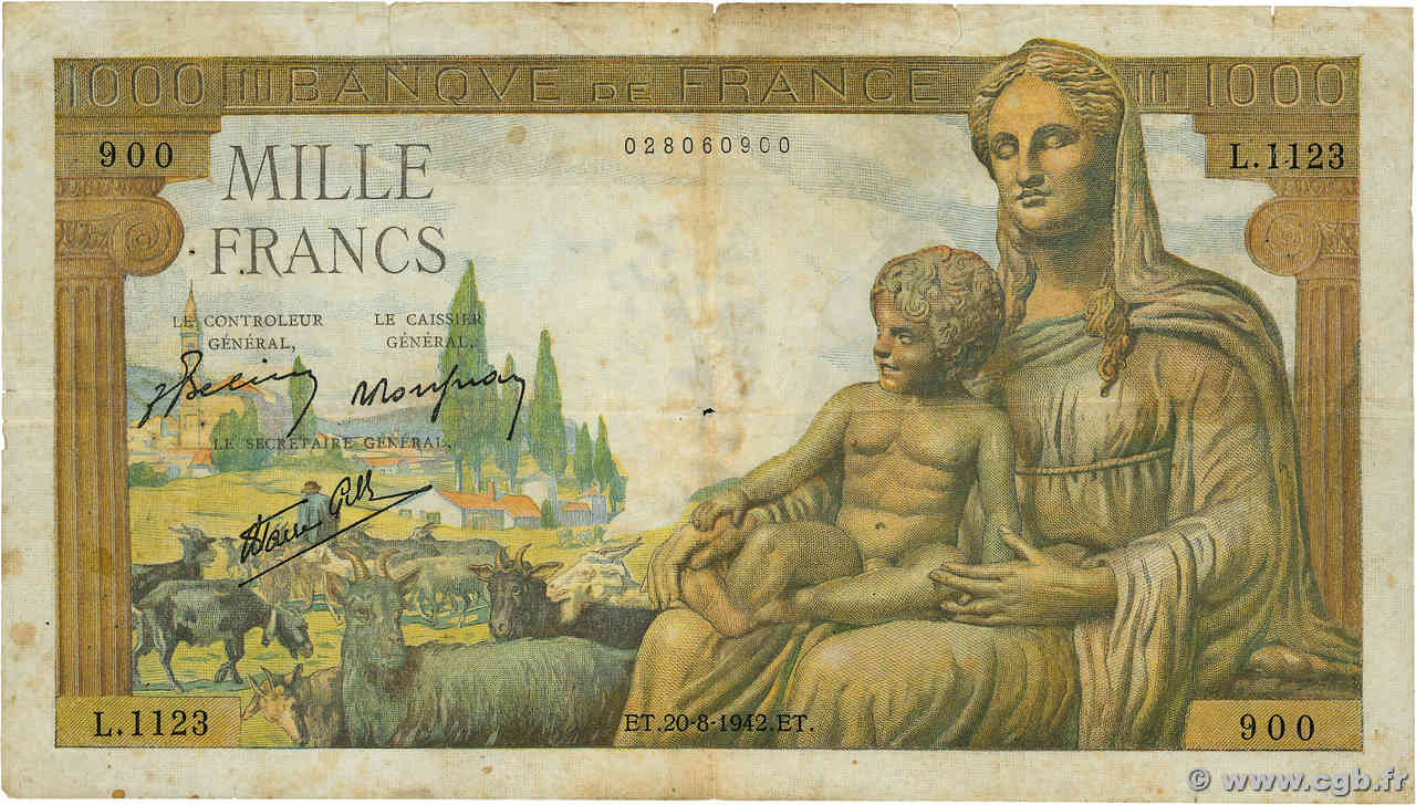 1000 Francs DÉESSE DÉMÉTER FRANCE  1942 F.40.05 VG