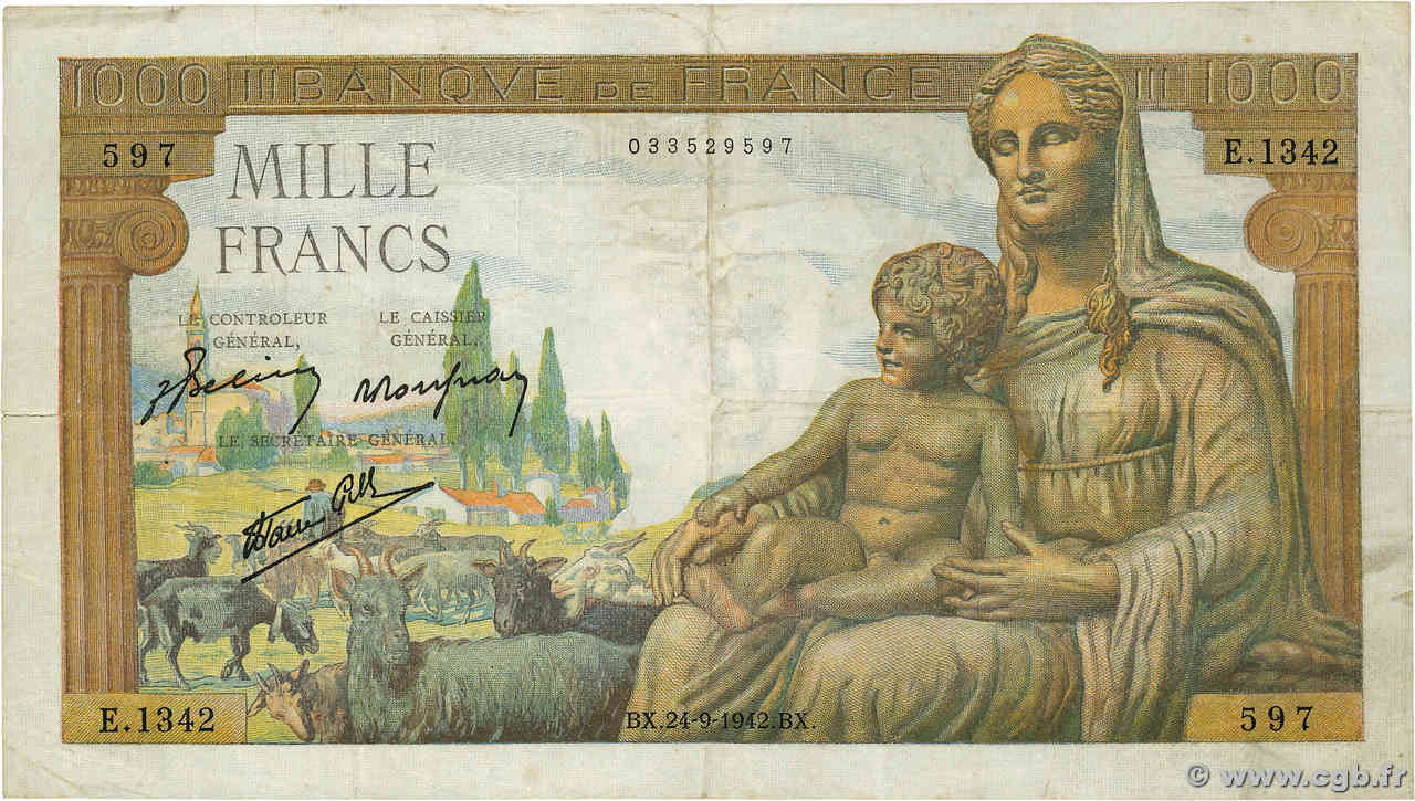 1000 Francs DÉESSE DÉMÉTER FRANCE  1942 F.40.07 VG