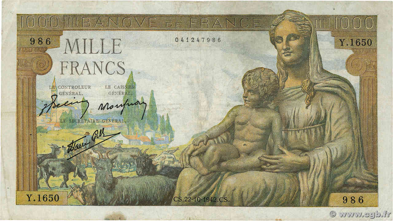1000 Francs DÉESSE DÉMÉTER FRANCE  1942 F.40.09 F