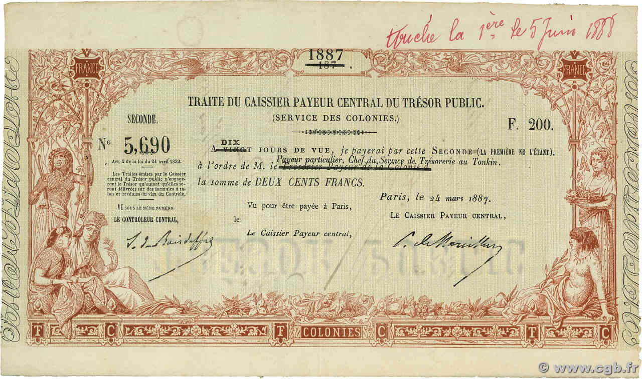 200 Francs FRANZÖSISCHE-INDOCHINA  1887 P.-- fVZ