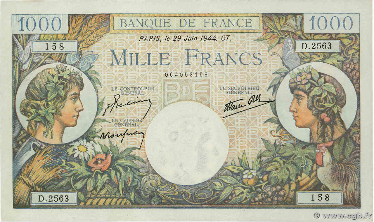 1000 Francs COMMERCE ET INDUSTRIE FRANCE  1944 F.39.09 SPL