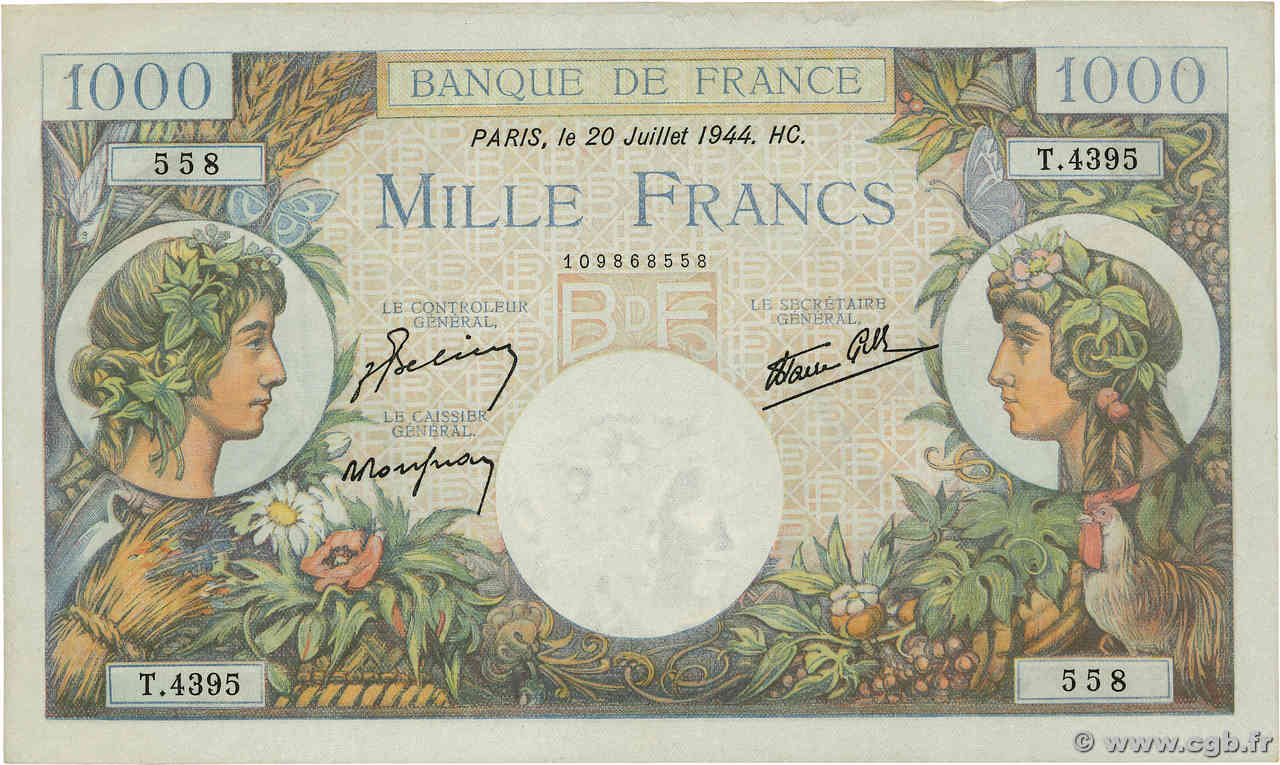 1000 Francs COMMERCE ET INDUSTRIE FRANCE  1944 F.39.12 AU+