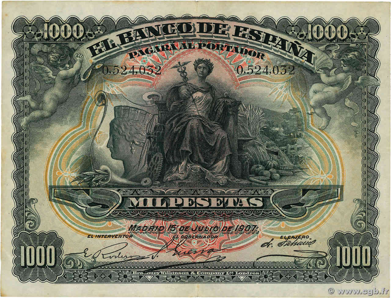 1000 Pesetas SPAIN  1907 P.066a VF