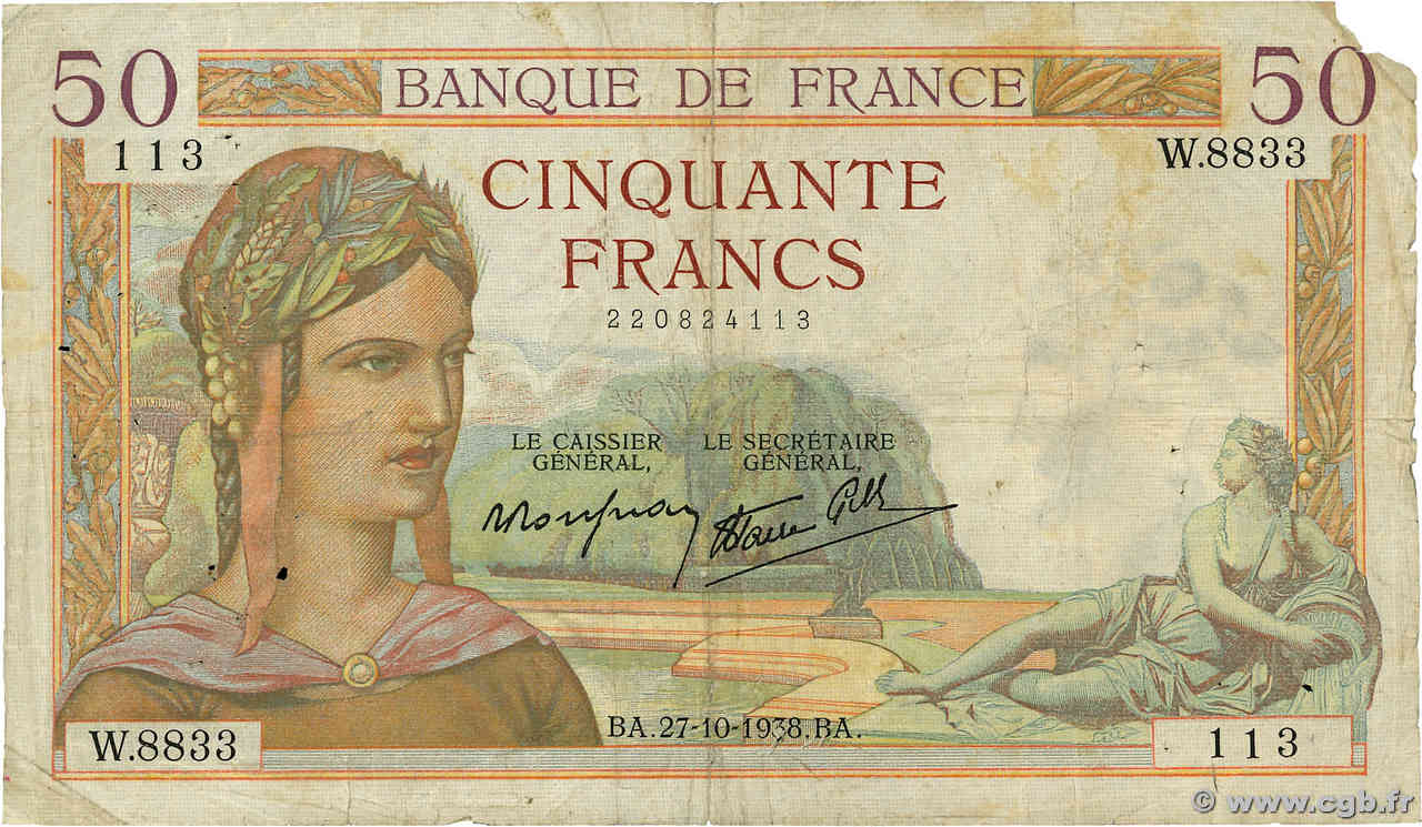 50 Francs CÉRÈS modifié FRANCE  1938 F.18.17 VG