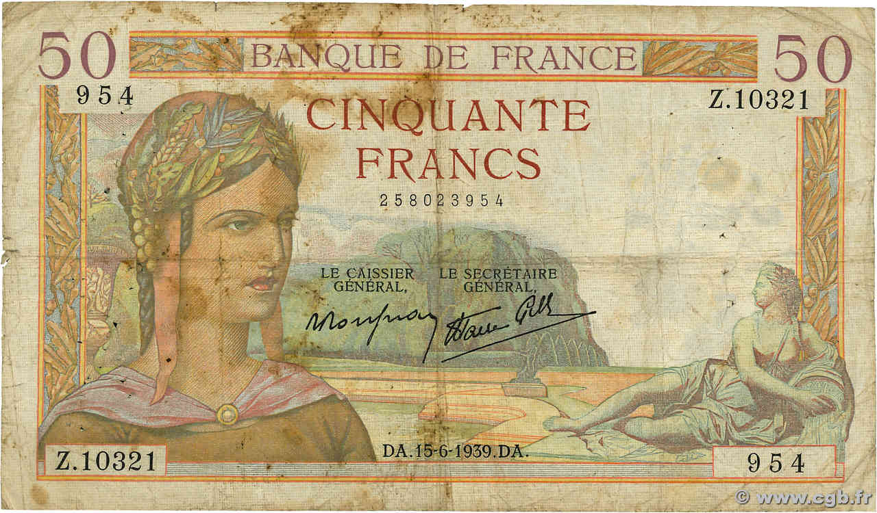 50 Francs CÉRÈS modifié FRANCE  1939 F.18.26 G