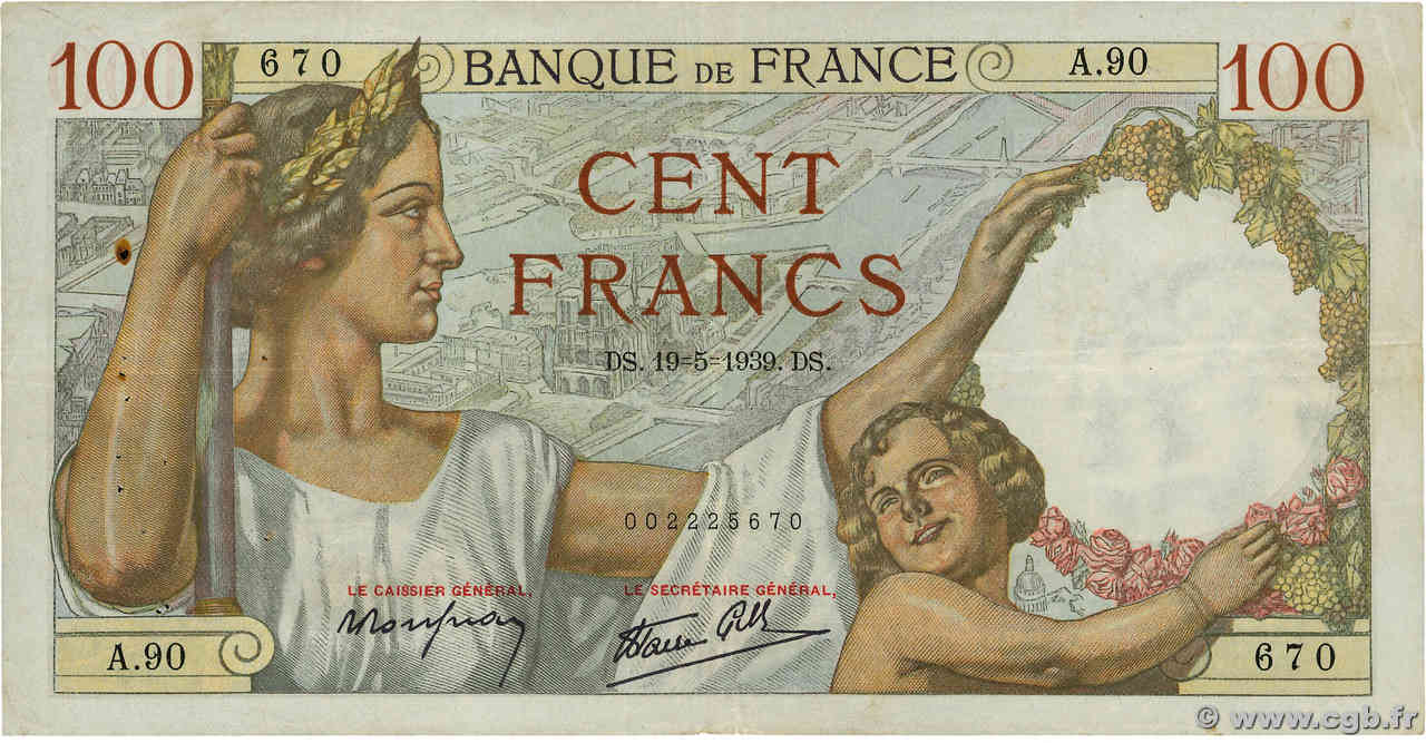 100 Francs SULLY FRANCE  1939 F.26.01 VF