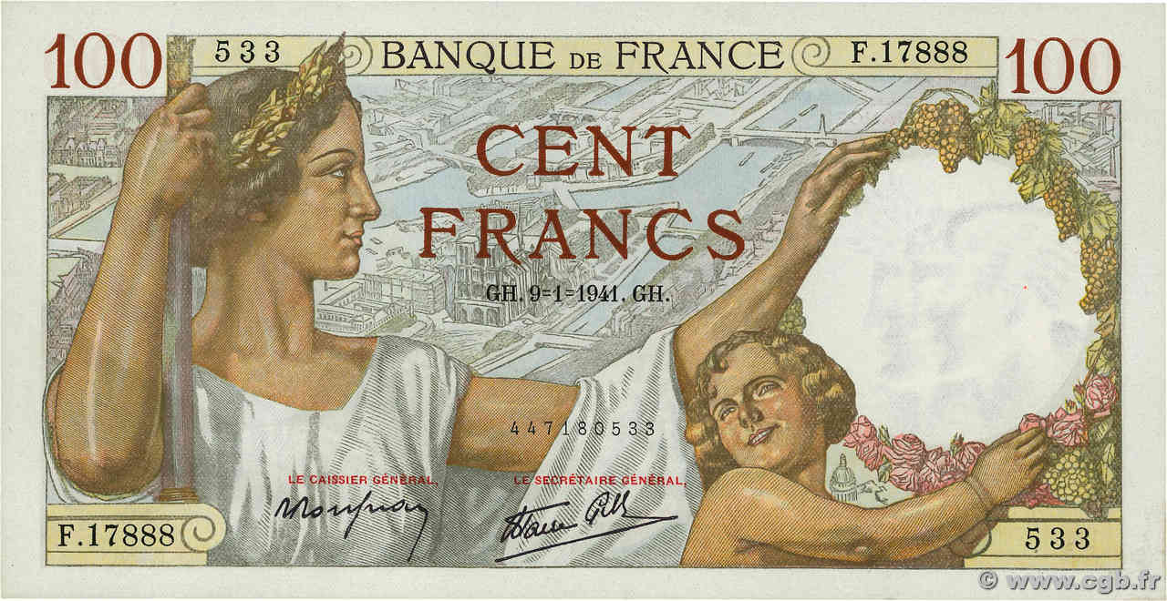 100 Francs SULLY FRANKREICH  1941 F.26.44 fST+