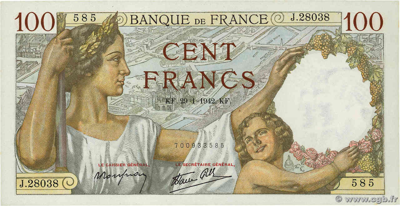 100 Francs SULLY FRANCE  1942 F.26.65 AU+