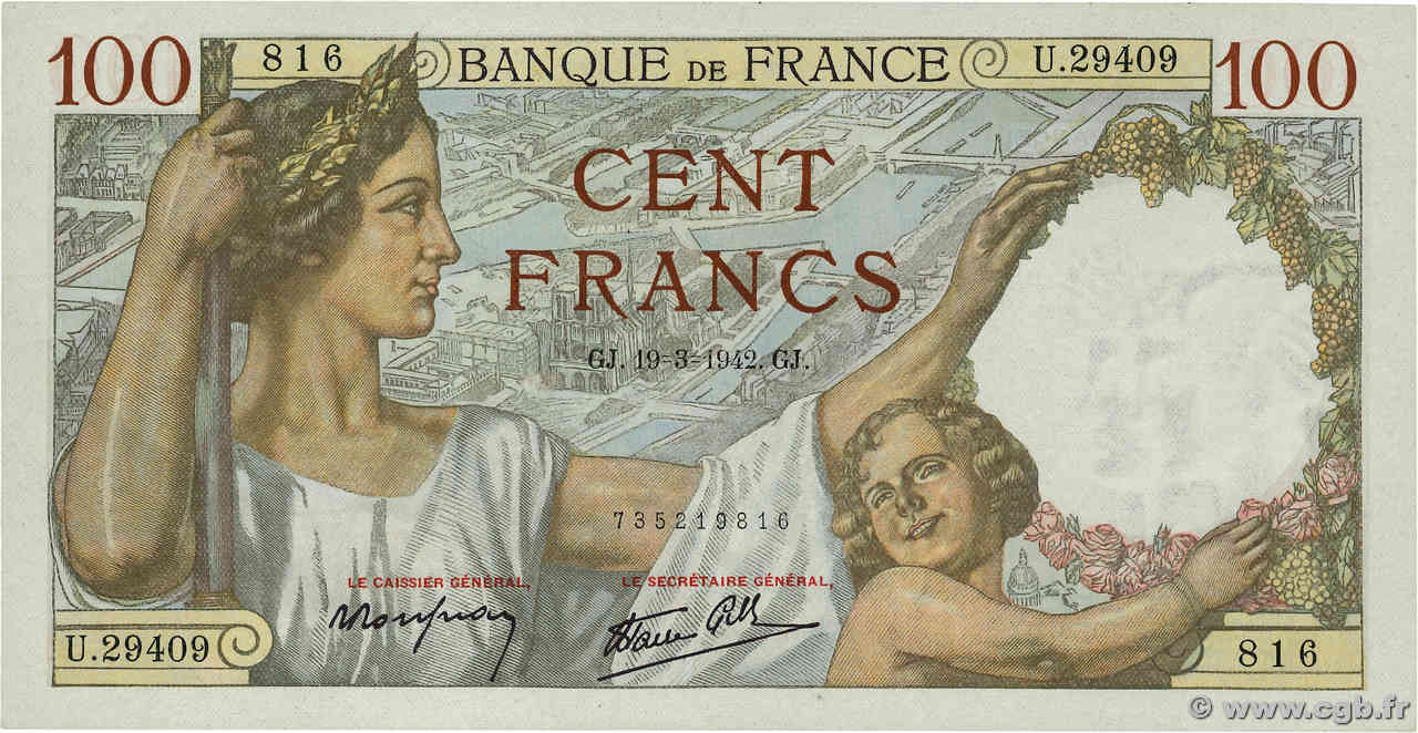 100 Francs SULLY FRANCE  1942 F.26.68 pr.NEUF