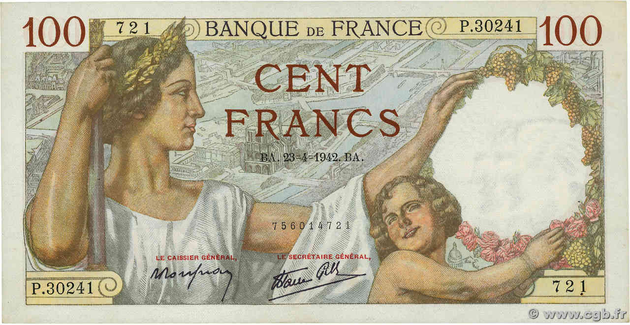 100 Francs SULLY FRANCE  1942 F.26.70 SUP