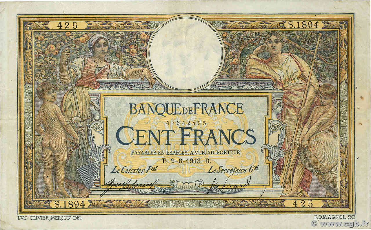 100 Francs LUC OLIVIER MERSON sans LOM FRANCIA  1913 F.23.05 q.BB