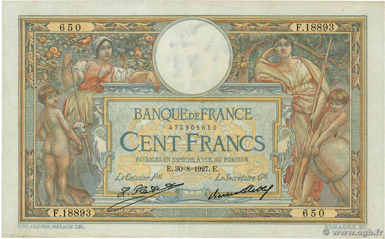 100 Francs LUC OLIVIER MERSON grands cartouches FRANCIA  1927 F.24.06 q.SPL