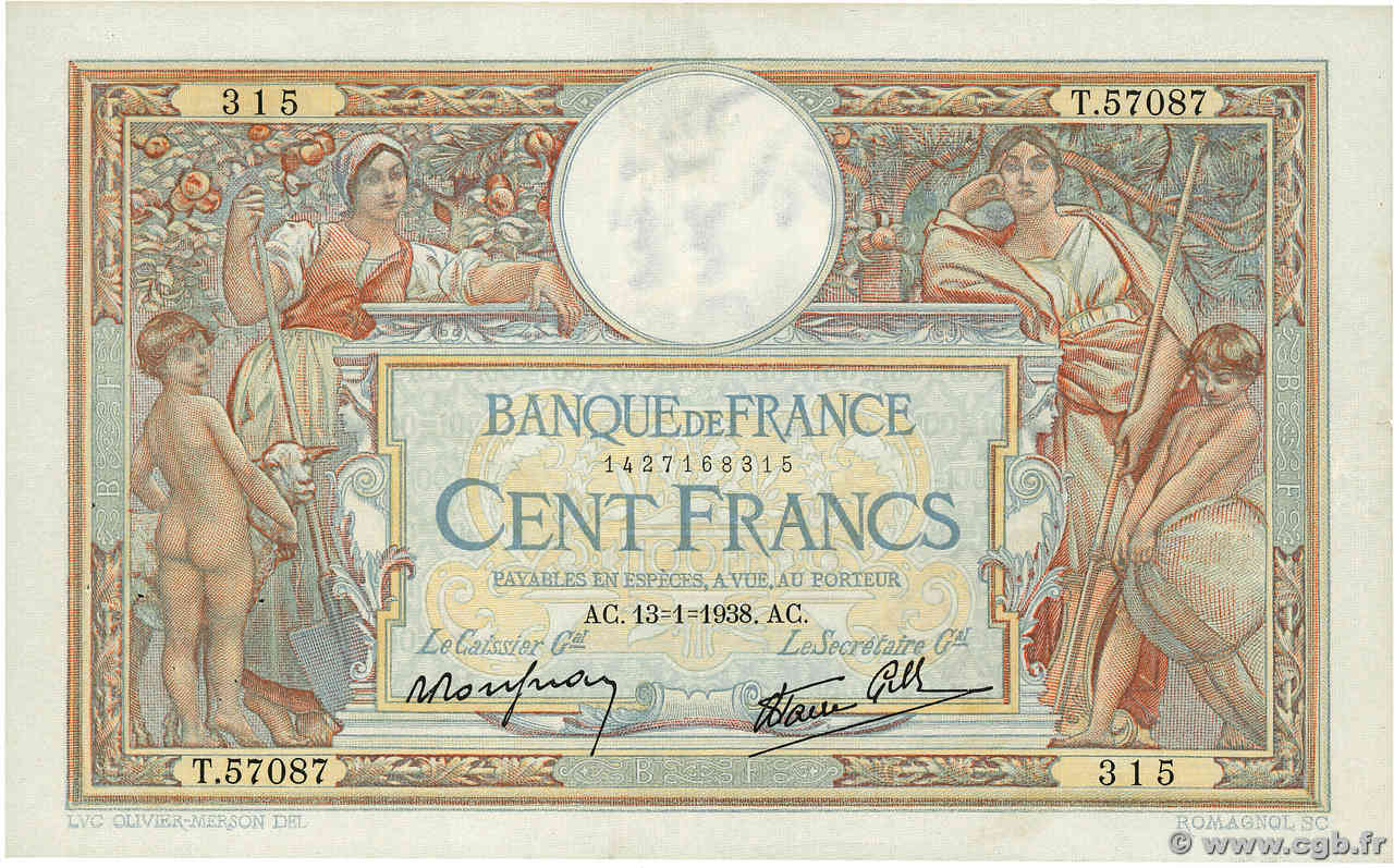 100 Francs LUC OLIVIER MERSON type modifié FRANCIA  1938 F.25.08 q.SPL