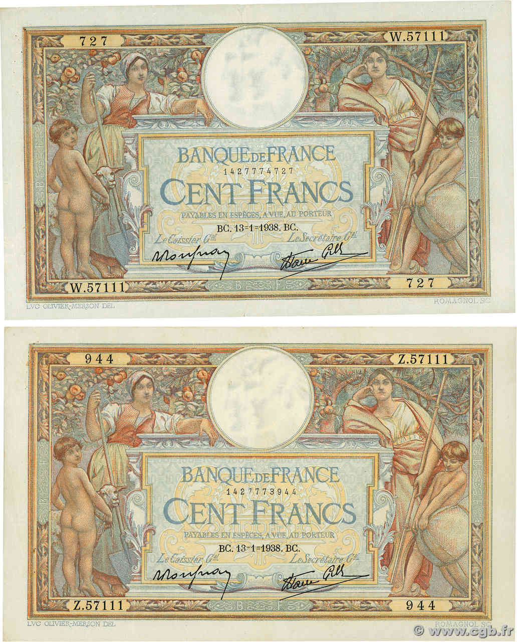 100 Francs LUC OLIVIER MERSON type modifié Lot FRANCIA  1938 F.25.08 BB