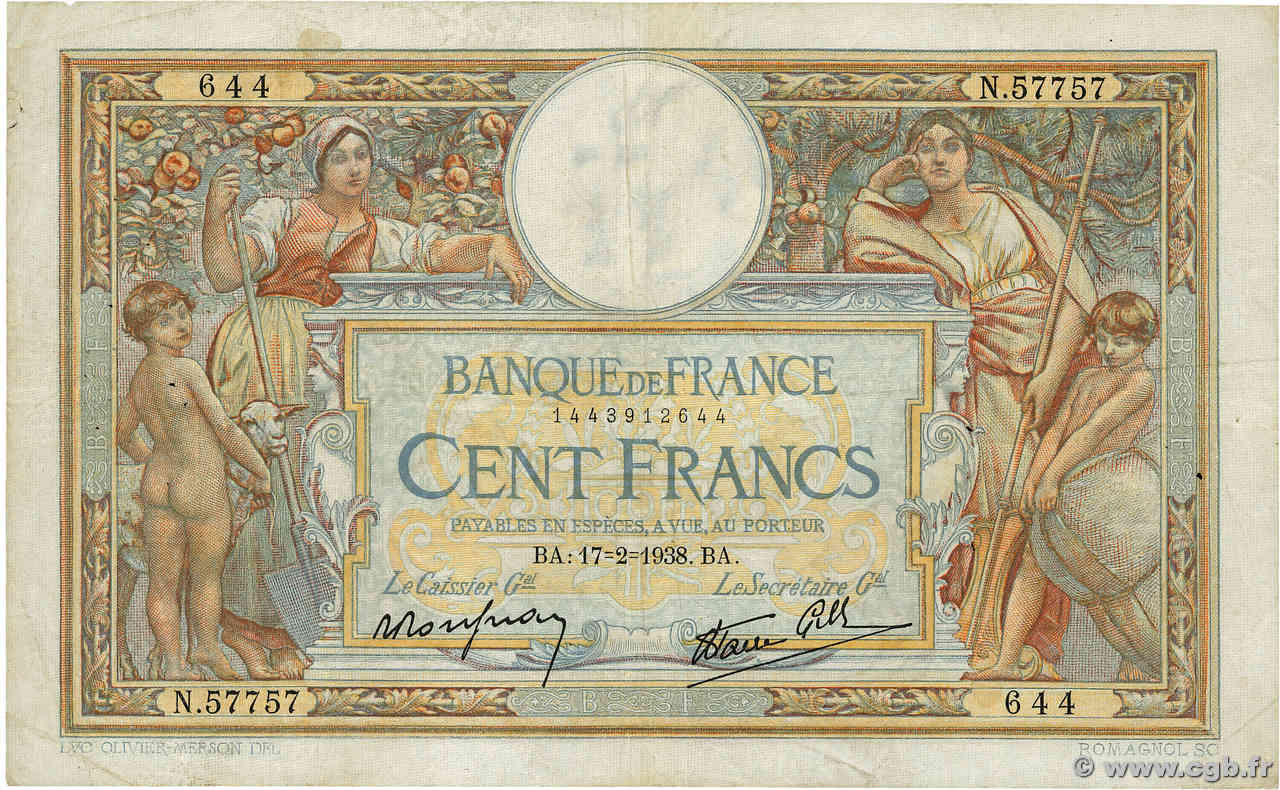 100 Francs LUC OLIVIER MERSON type modifié FRANCE  1938 F.25.11 F