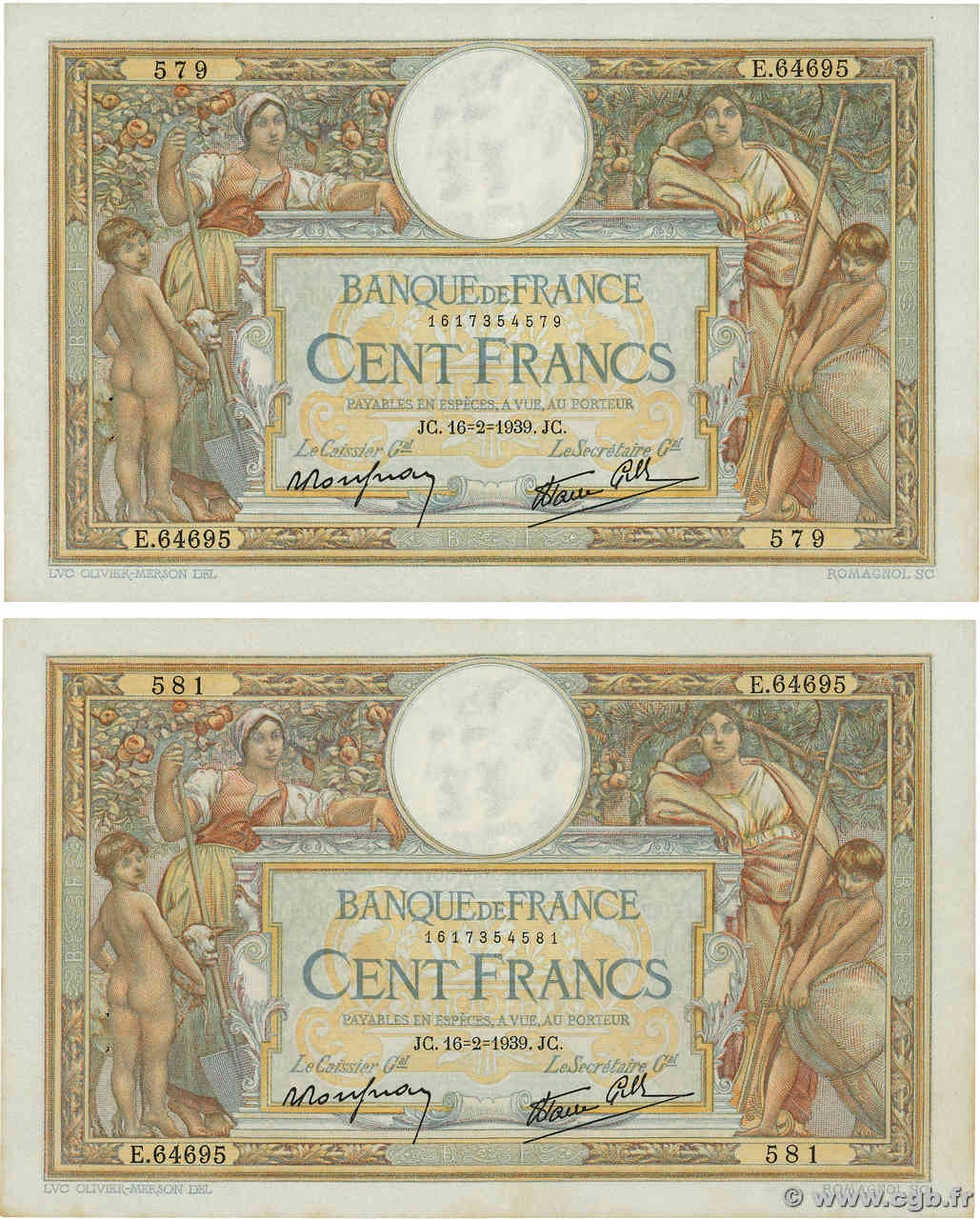 100 Francs LUC OLIVIER MERSON type modifié Lot FRANKREICH  1939 F.25.43 VZ