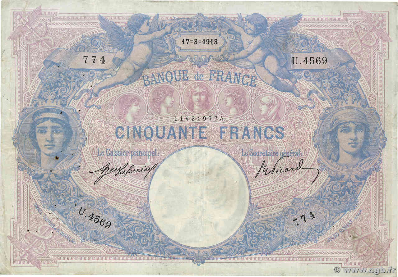 50 Francs BLEU ET ROSE FRANCIA  1913 F.14.26 BB