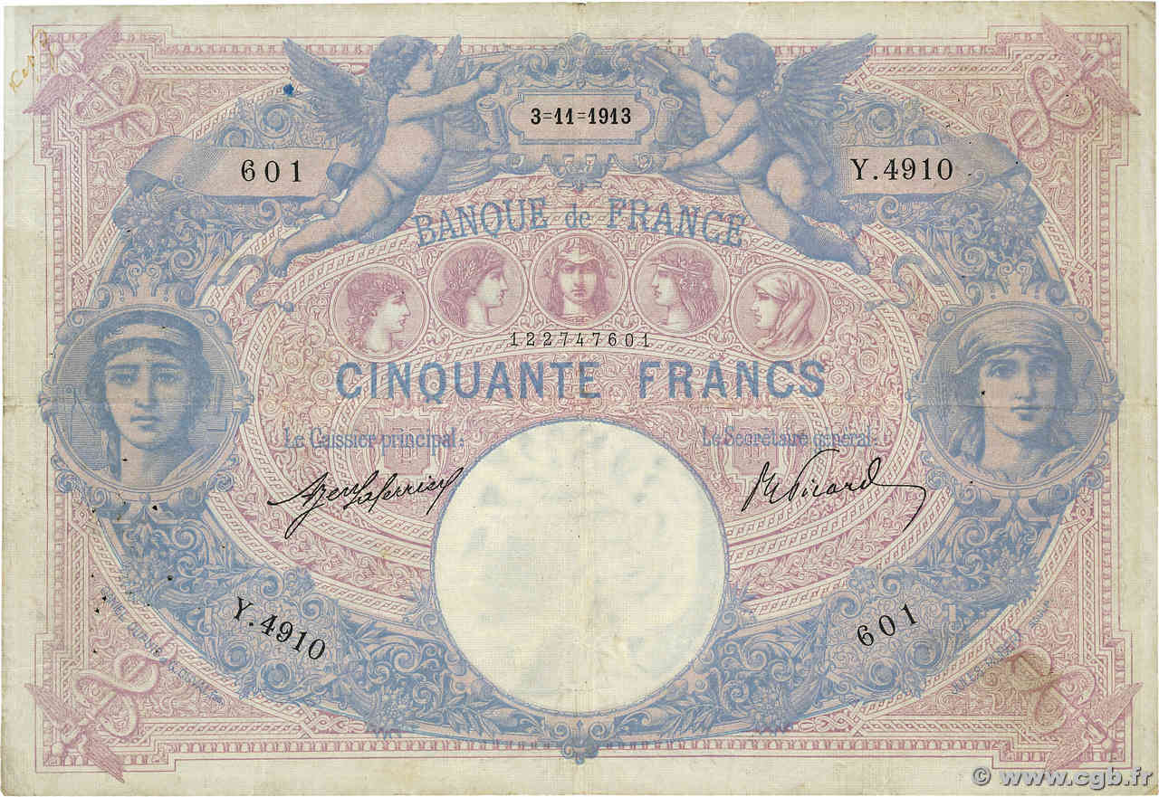 50 Francs BLEU ET ROSE FRANCIA  1913 F.14.26 BC+