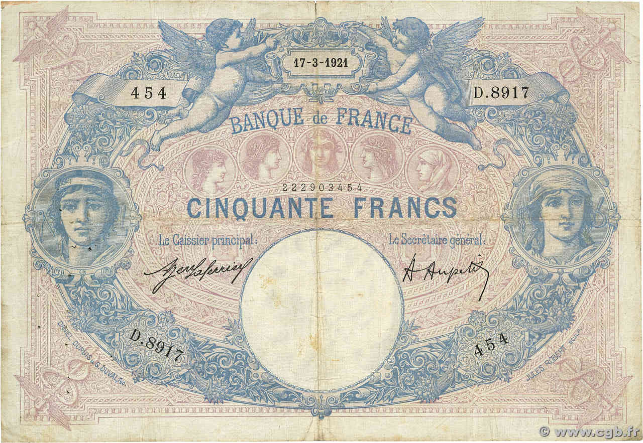 50 Francs BLEU ET ROSE FRANCIA  1921 F.14.34 MB