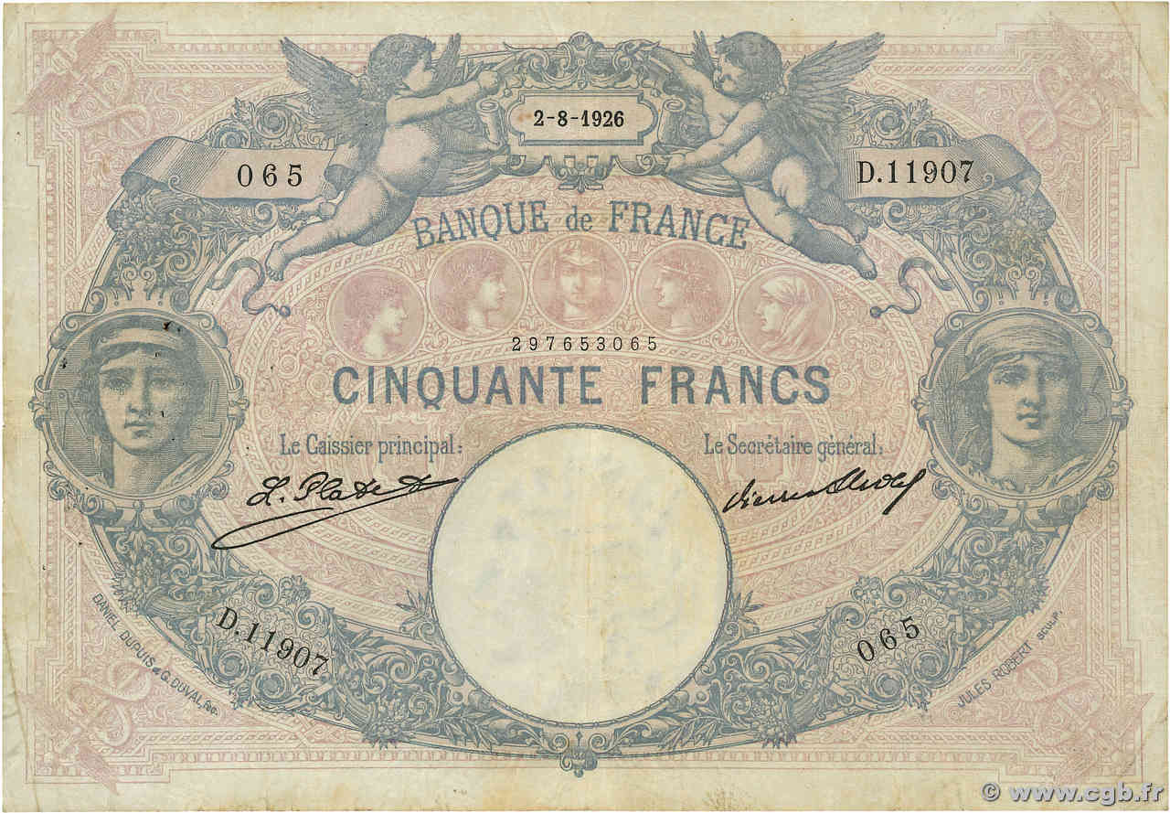 50 Francs BLEU ET ROSE FRANKREICH  1926 F.14.39 fSS