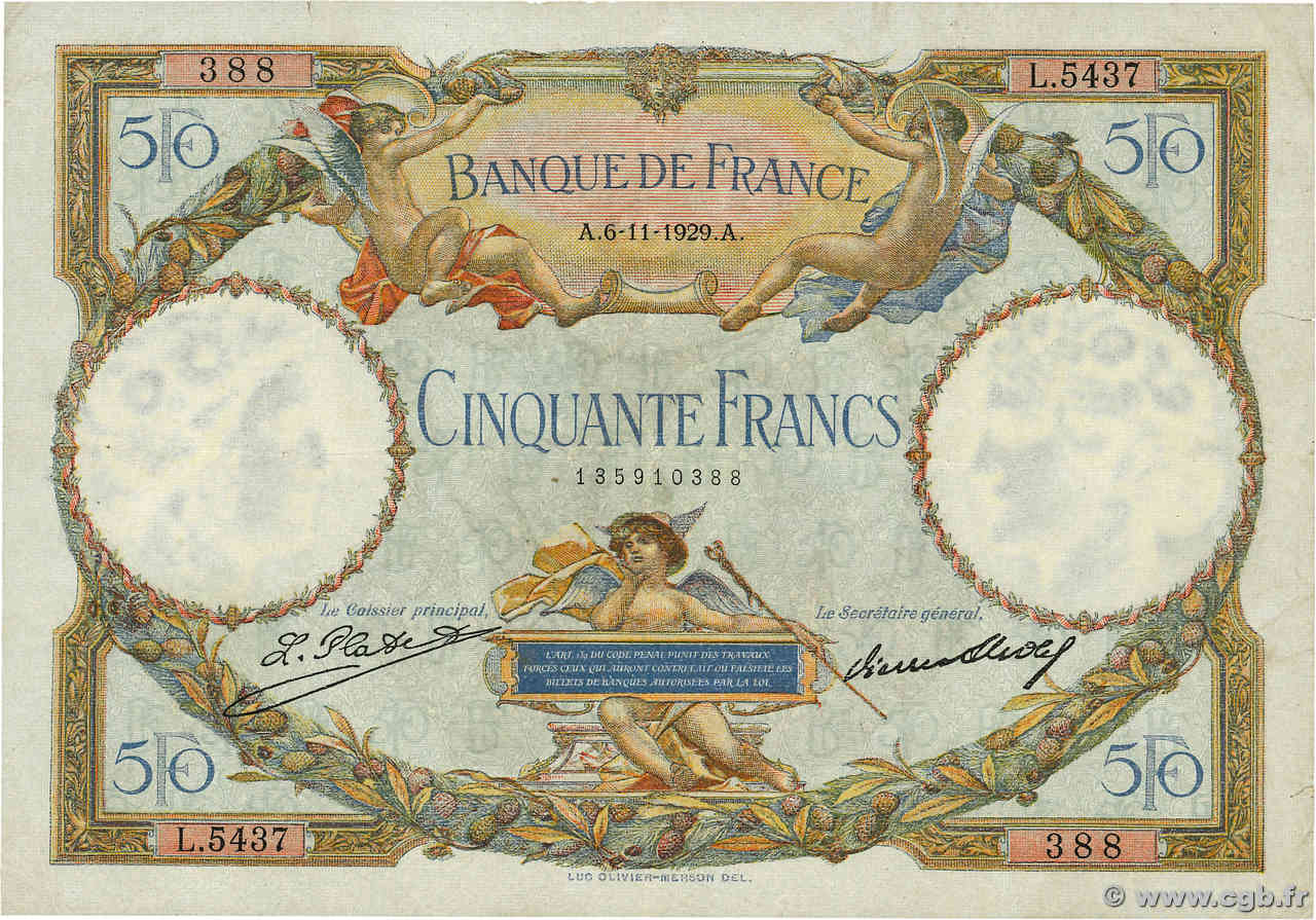 50 Francs LUC OLIVIER MERSON FRANCE  1929 F.15.03 pr.TTB
